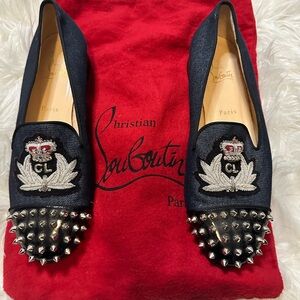 AUTHENTIC Christian Louboutin Navy Spiked Loafers with Embroidery